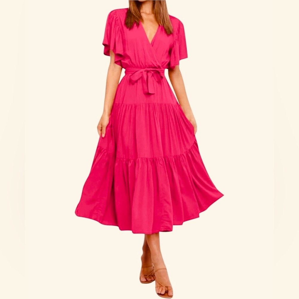 Women’s Kubbon Dress Ruffle Puff Sleeve V Neck MIDI Dress Casual Flowy Tiered